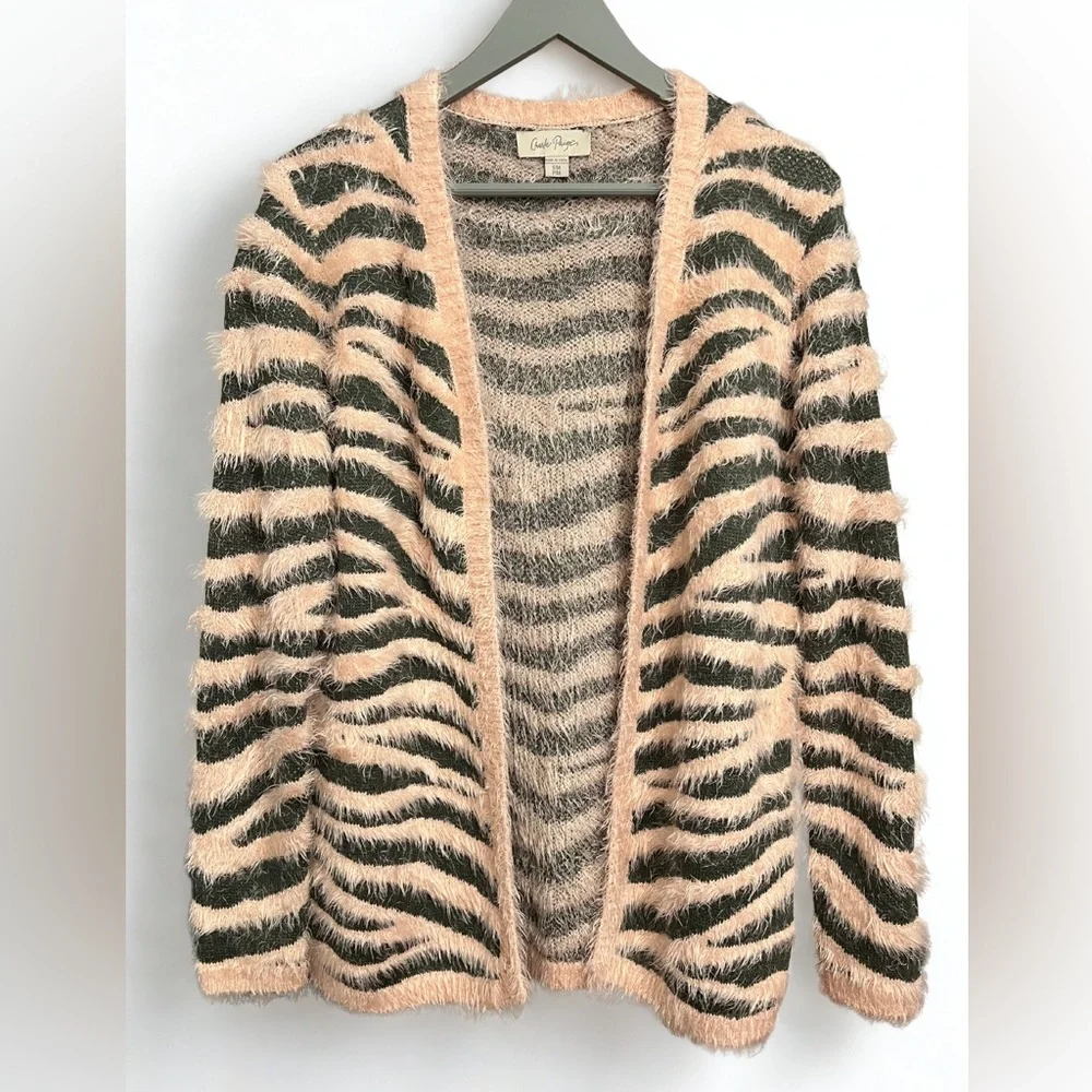 Charlie Paige Fuzzy Zebra Cardigan Greenish Gray Pink Size S/M